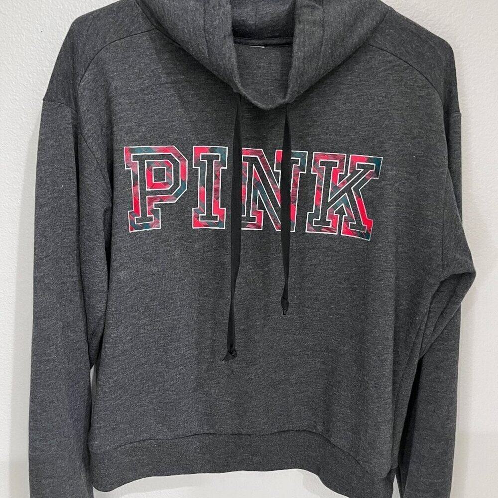 Victorias Secret Pink Campus Cowl Neck Sweater Jacket Top Grey Plaid Foil XS